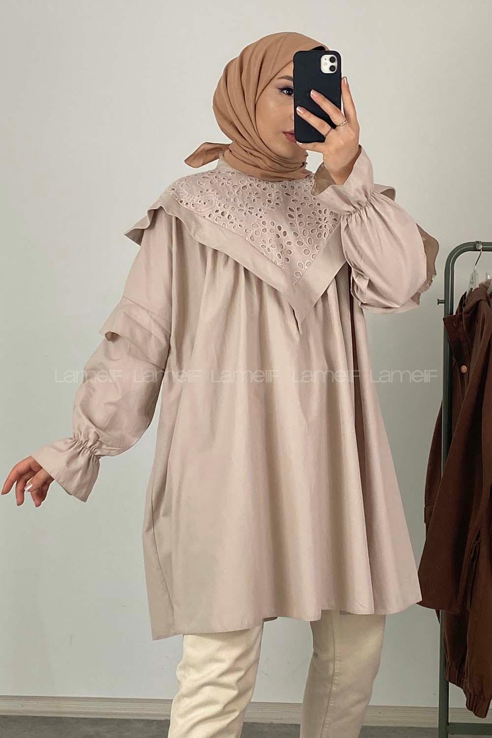 Modalamelif Yaka Fırfırlı Güpürlü Tunik Taş