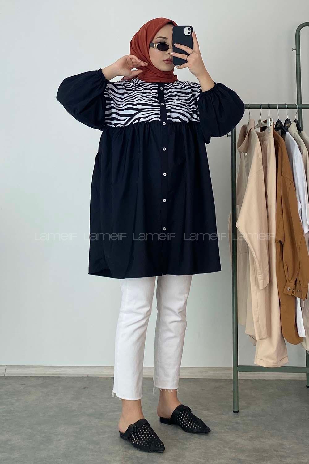 Modalamelif Yaka Fırfırlı Zebra Desen Tunik Siyah