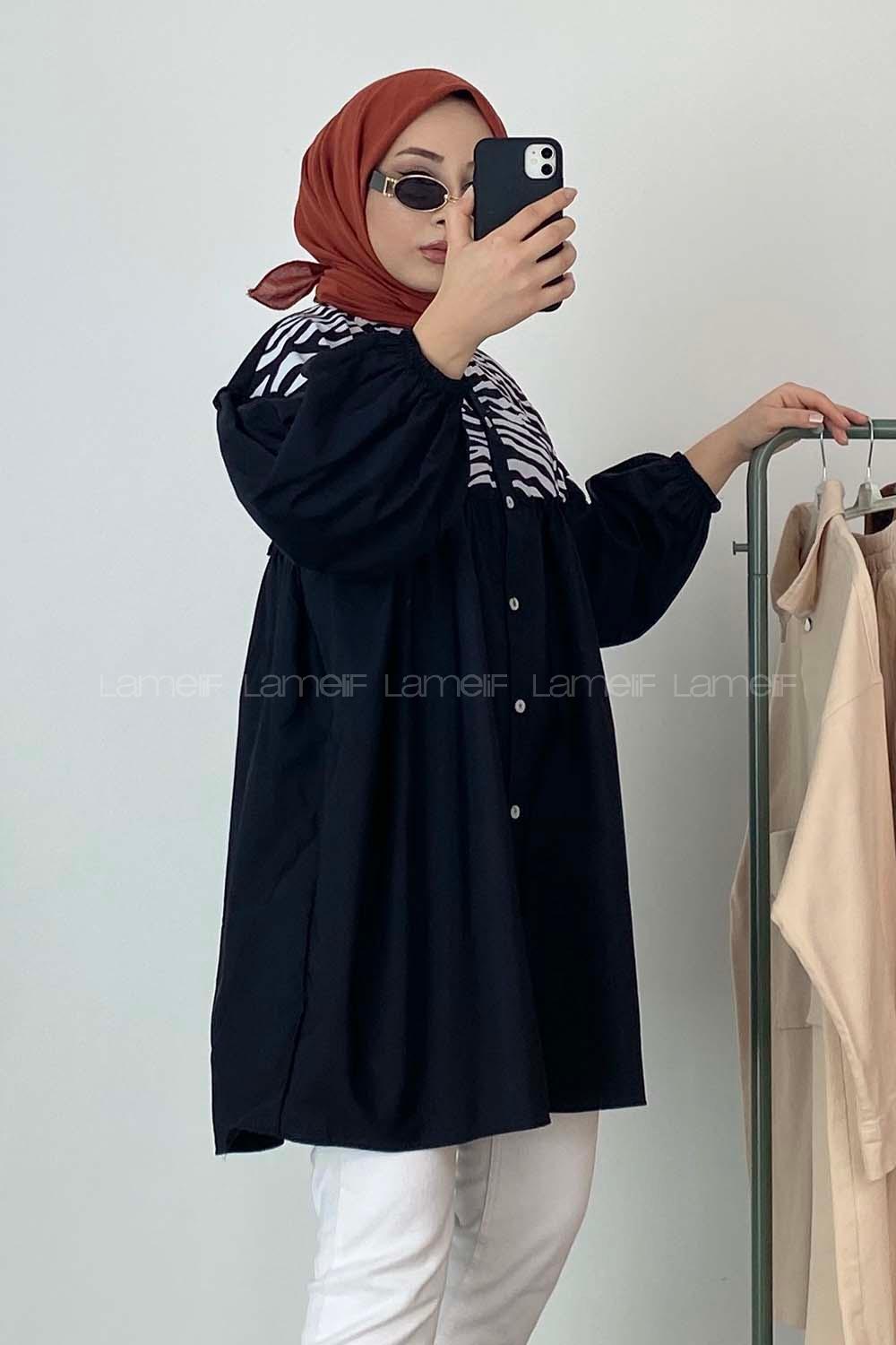 Modalamelif Yaka Fırfırlı Zebra Desen Tunik Siyah