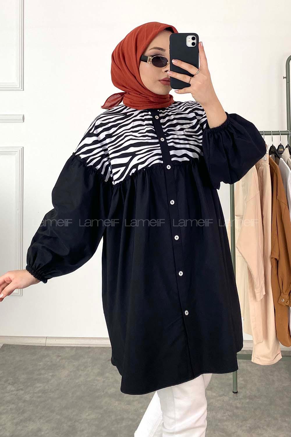 Modalamelif Yaka Fırfırlı Zebra Desen Tunik Siyah