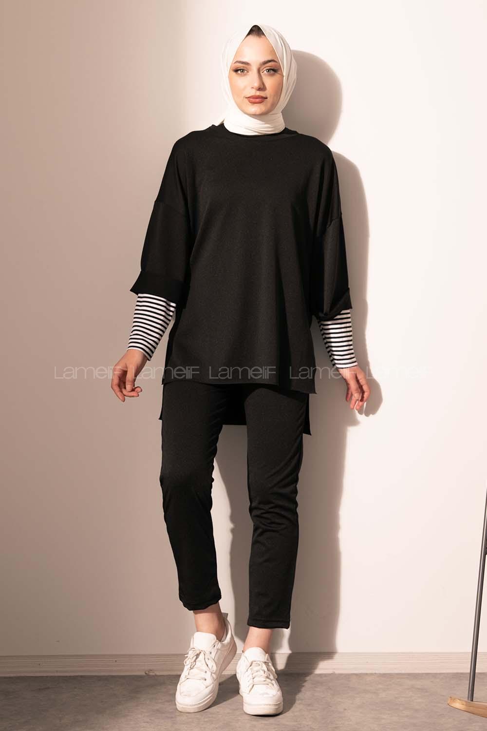 Modalamelif Yan Yırtmaçlı Crep İkili Takım Siyah
