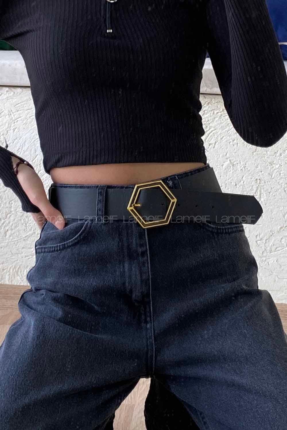 Modalamelif Altıgen Tokalı Gold Kemer Siyah