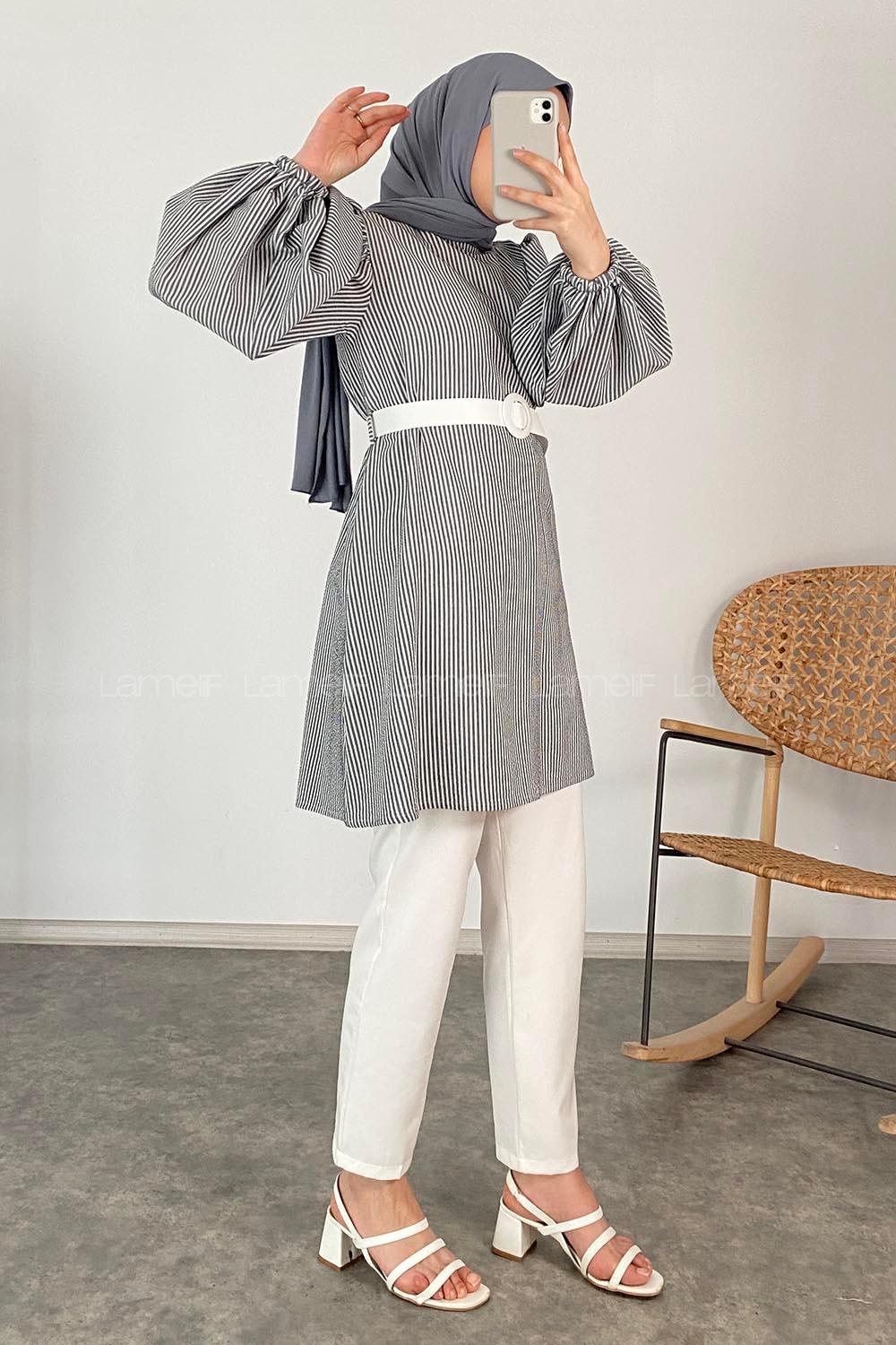 Modalamelif Bisiklet Yaka Kemerli Tunik Siyah