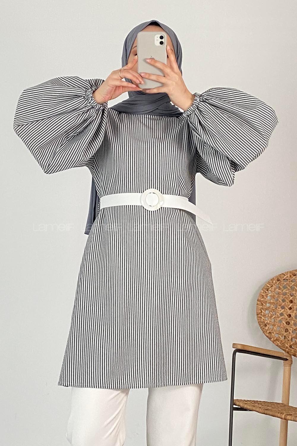 Modalamelif Bisiklet Yaka Kemerli Tunik Siyah