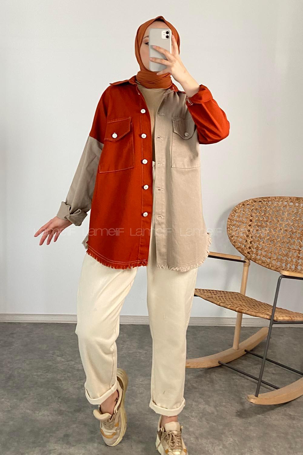 Modalamelif Çift Cepli Garnili Ceket Kiremit Bej