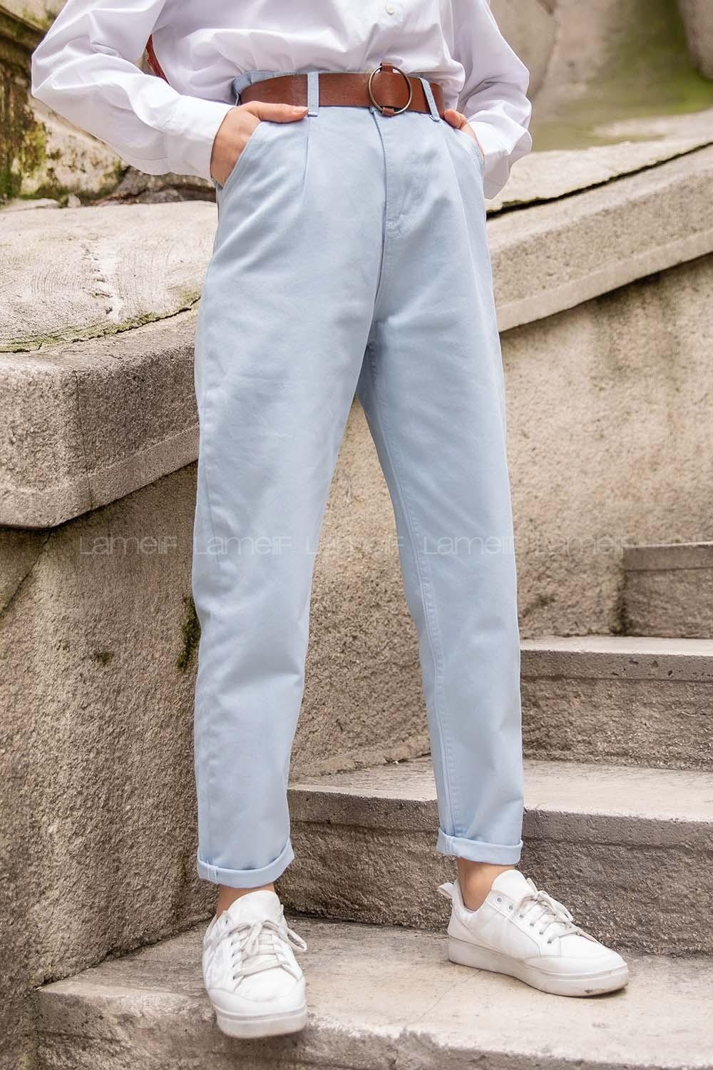 Modalamelif Deri Kemerli Pensli Gabardin Pantolon Açık Mavi