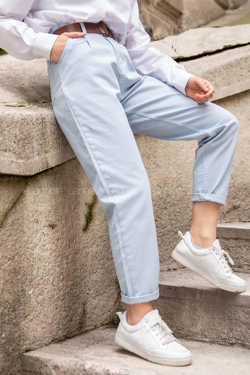 Modalamelif Deri Kemerli Pensli Gabardin Pantolon Açık Mavi