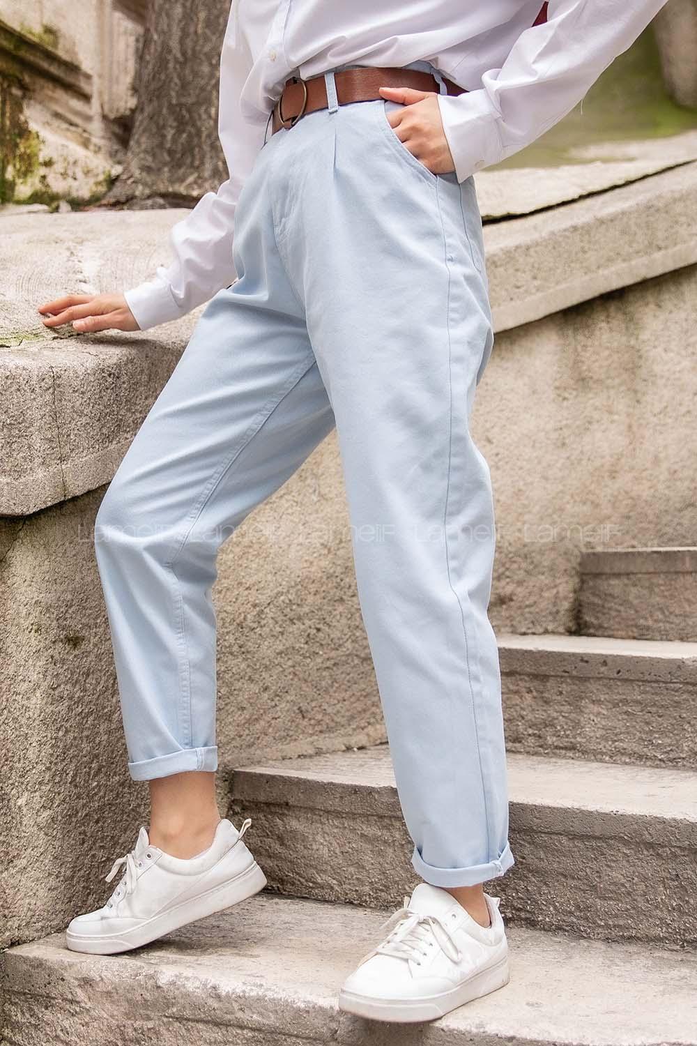 Modalamelif Deri Kemerli Pensli Gabardin Pantolon Açık Mavi