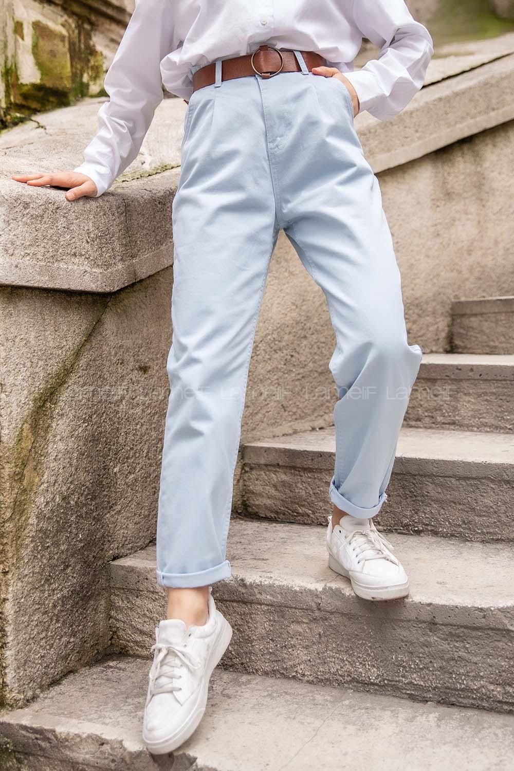 Modalamelif Deri Kemerli Pensli Gabardin Pantolon Açık Mavi