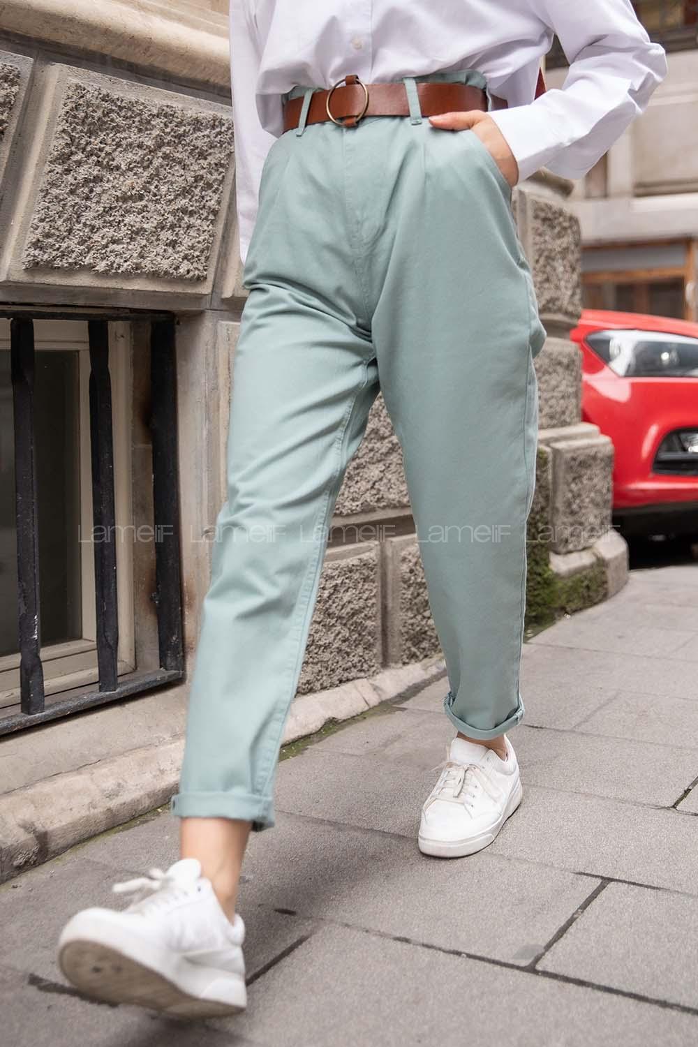 Modalamelif Deri Kemerli Pensli Gabardin Pantolon Çağla Yeşili