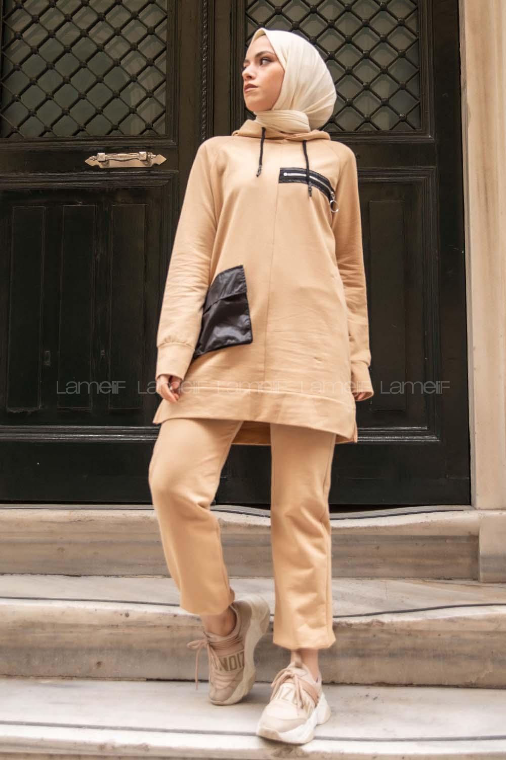 Modalamelif Fermuar Detaylı İkili Takım Camel