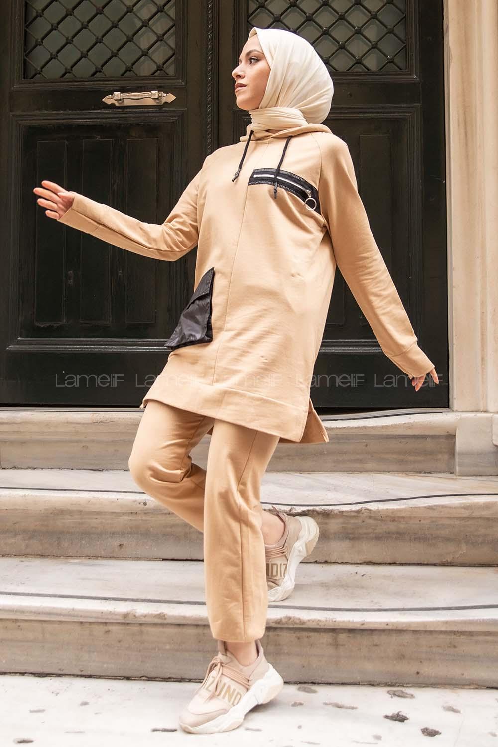 Modalamelif Fermuar Detaylı İkili Takım Camel