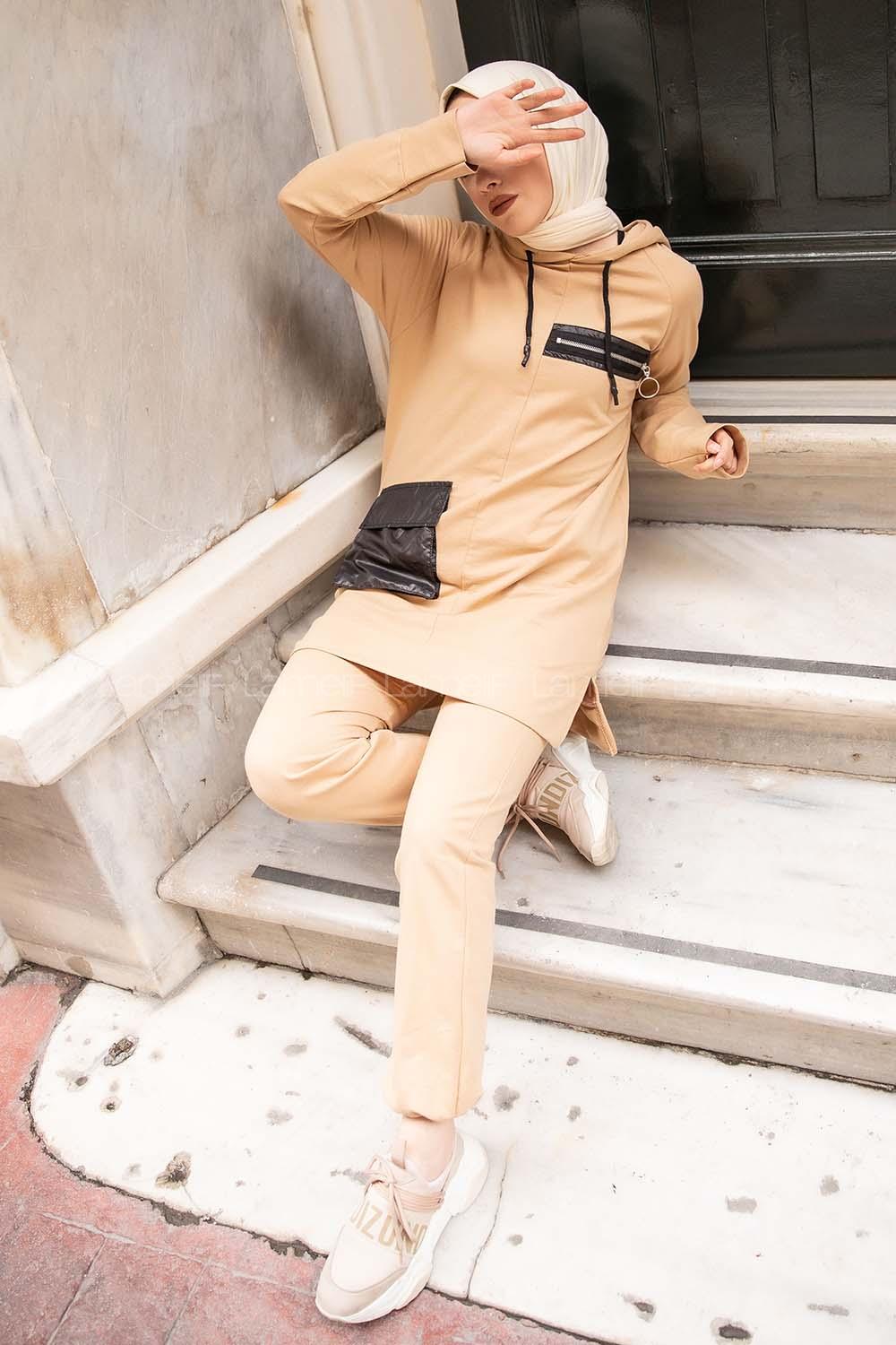 Modalamelif Fermuar Detaylı İkili Takım Camel