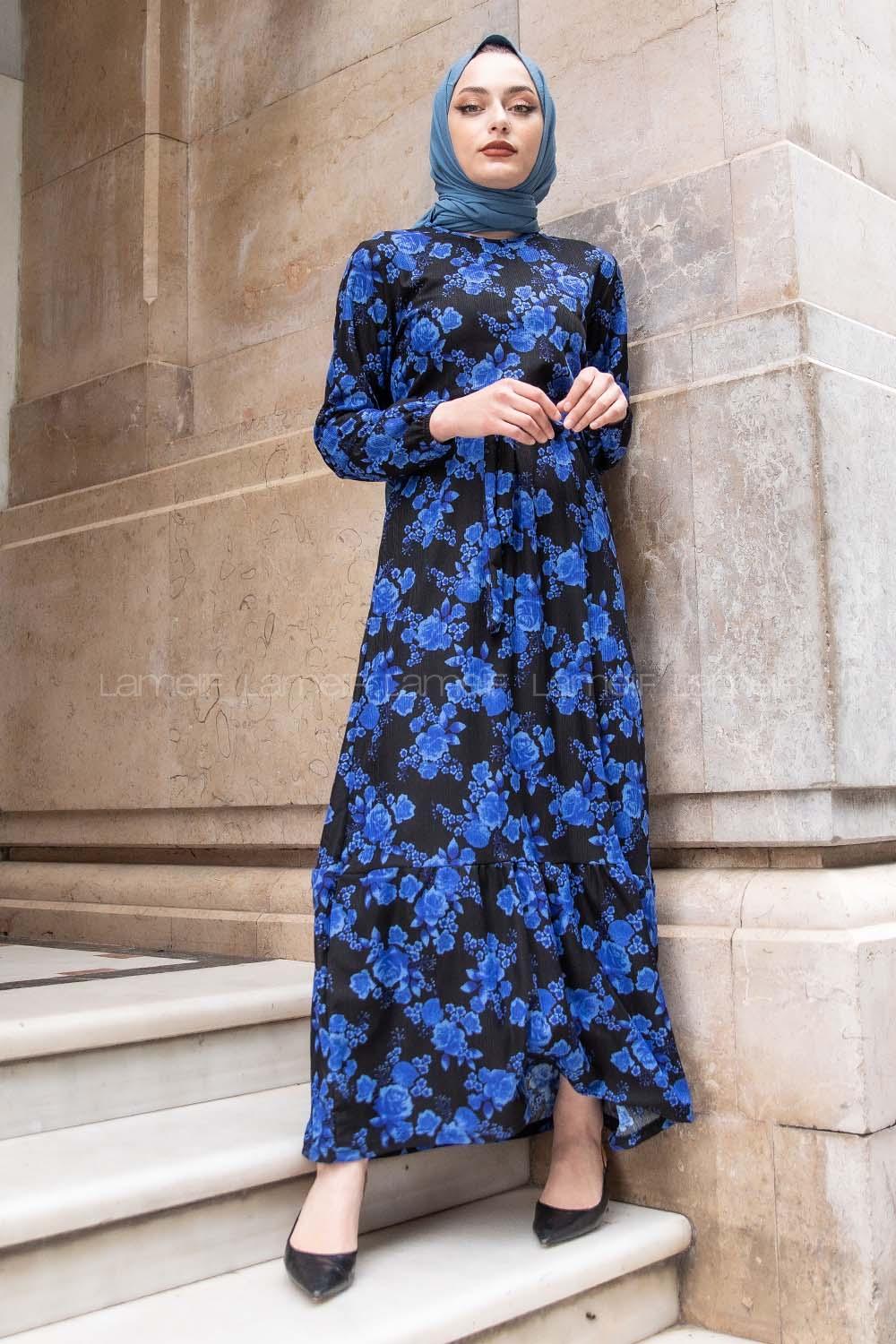 Modalamelif Gül Baskılı Kuşak Kemerli Elbise Saks Mavisi