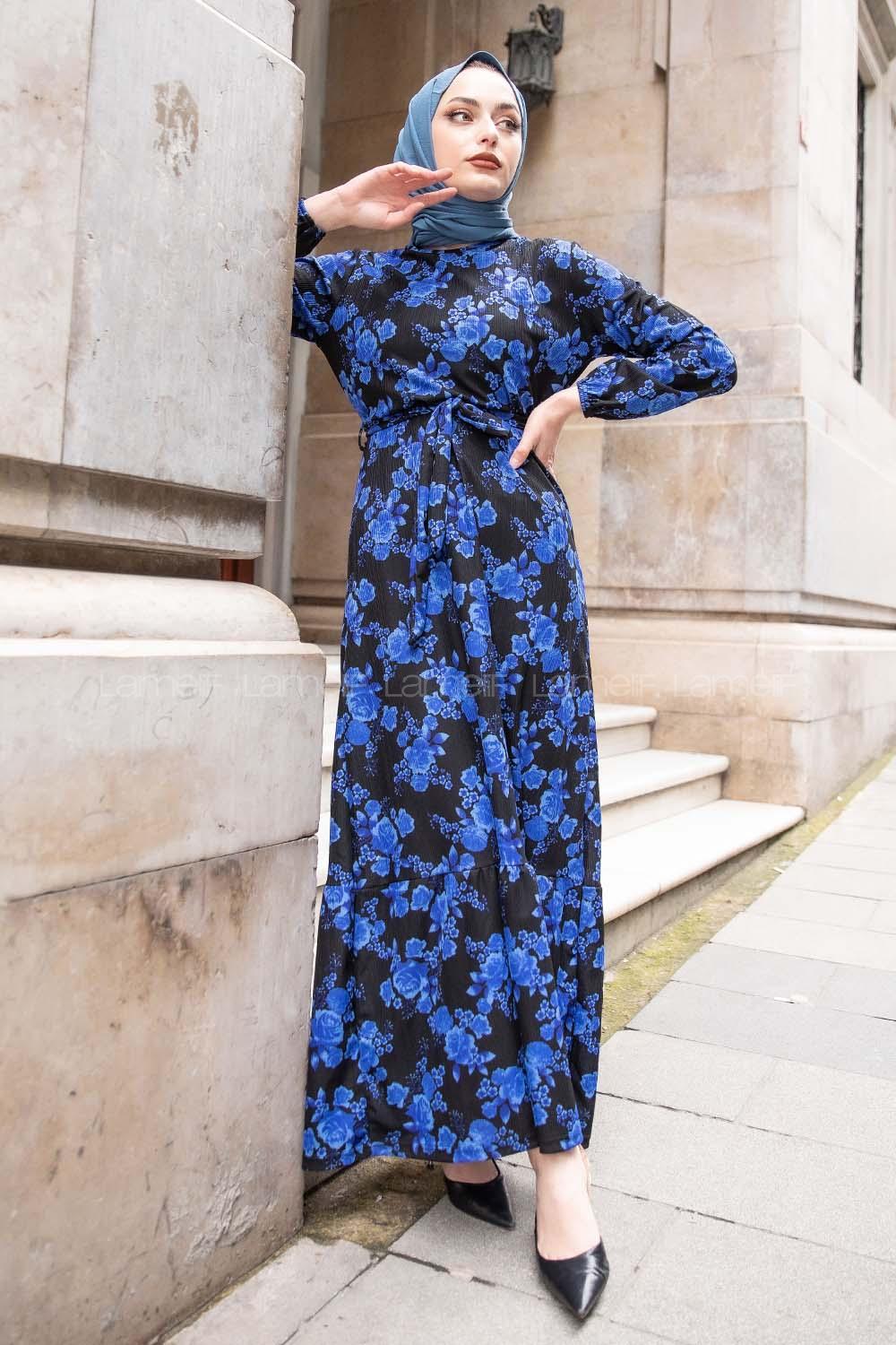 Modalamelif Gül Baskılı Kuşak Kemerli Elbise Saks Mavisi