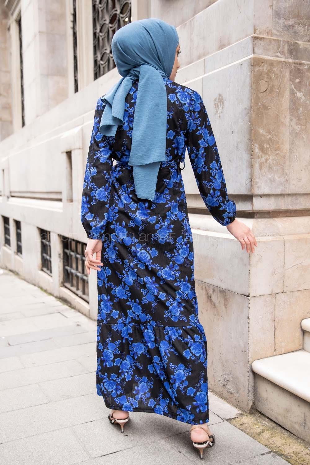 Modalamelif Gül Baskılı Kuşak Kemerli Elbise Saks Mavisi