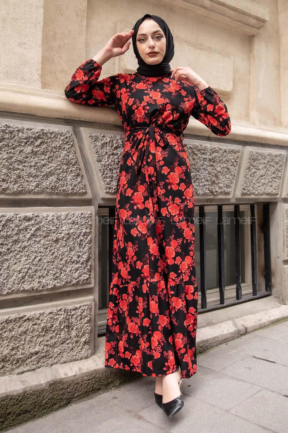 Modalamelif Gül Baskılı Kuşak Kemerli Elbise Kırmızı