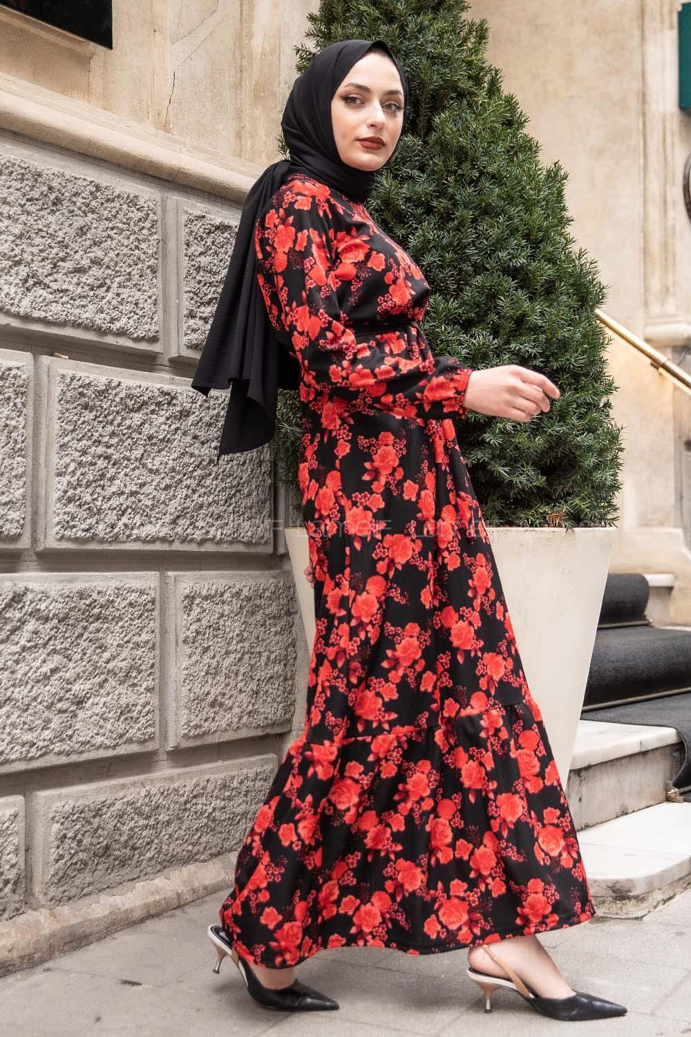 Modalamelif Gül Baskılı Kuşak Kemerli Elbise Kırmızı