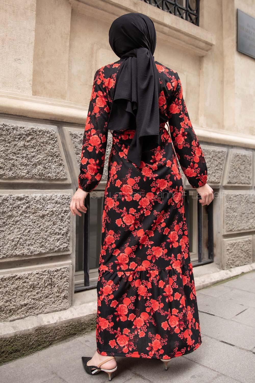 Modalamelif Gül Baskılı Kuşak Kemerli Elbise Kırmızı