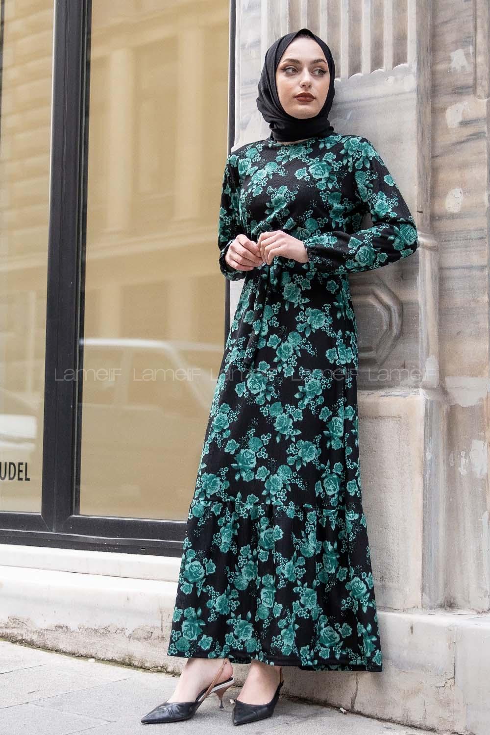 Modalamelif Gül Baskılı Kuşak Kemerli Elbise Yeşil