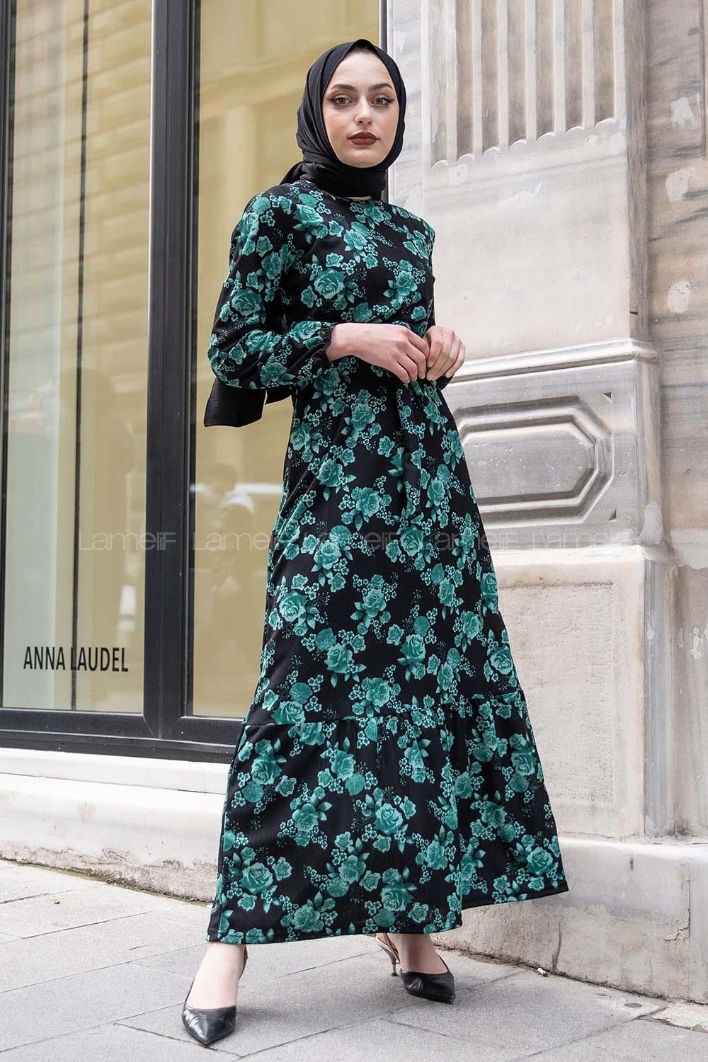 Modalamelif Gül Baskılı Kuşak Kemerli Elbise Yeşil