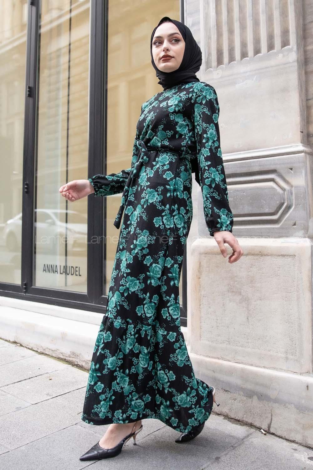 Modalamelif Gül Baskılı Kuşak Kemerli Elbise Yeşil