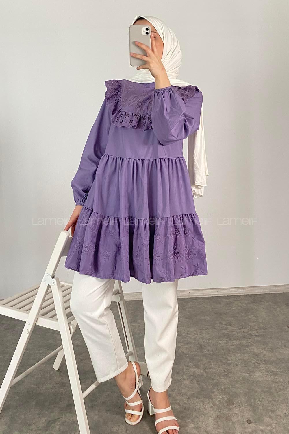 Modalamelif Hakim Yaka  Danteli Tunik Eflatun