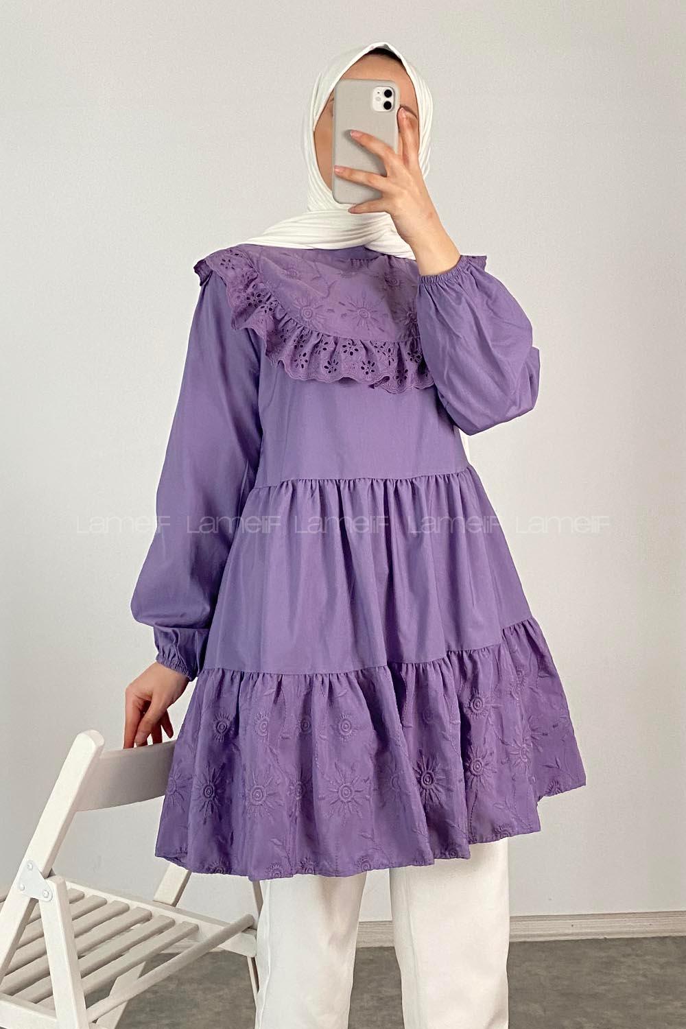 Modalamelif Hakim Yaka  Danteli Tunik Eflatun