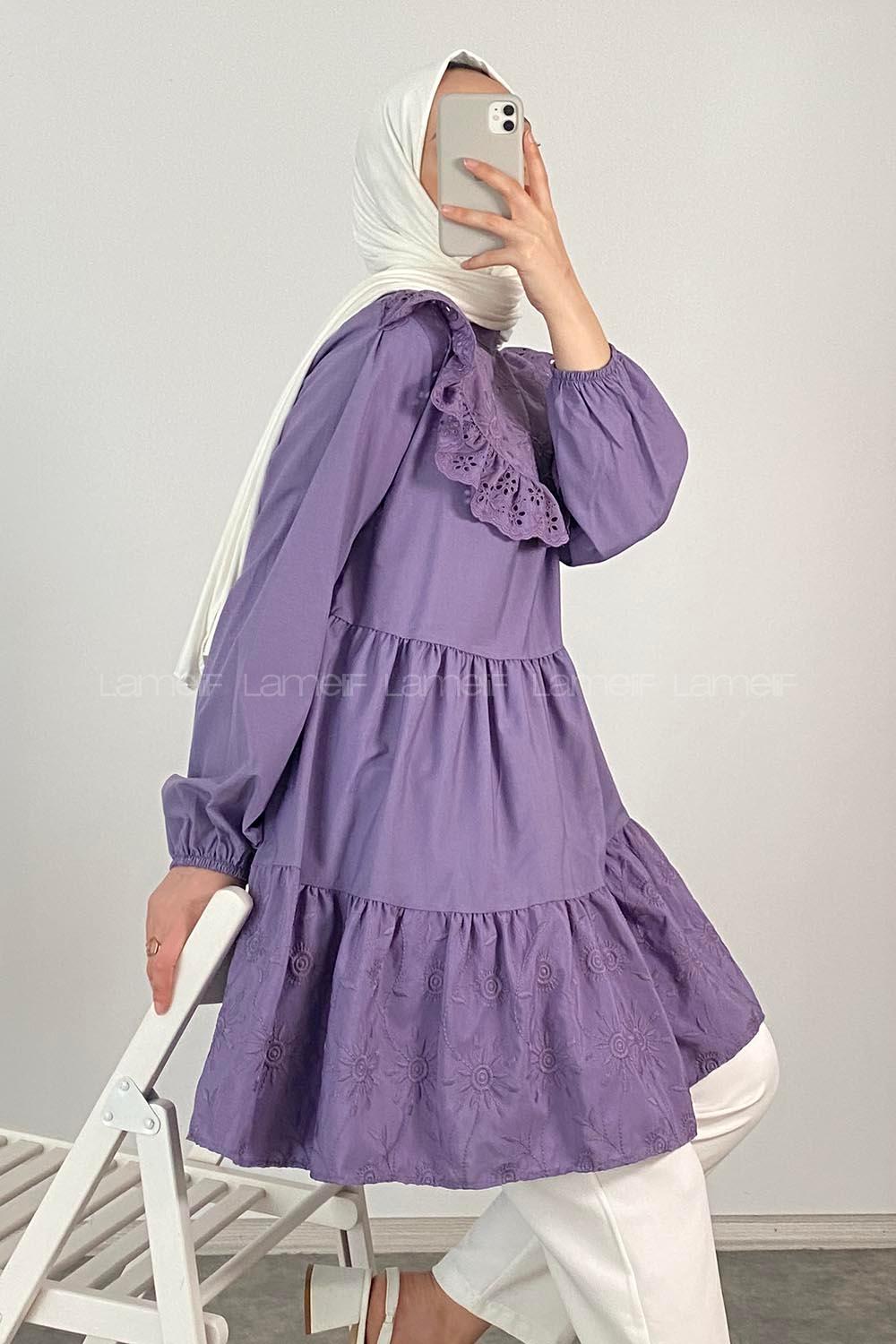 Modalamelif Hakim Yaka  Danteli Tunik Eflatun