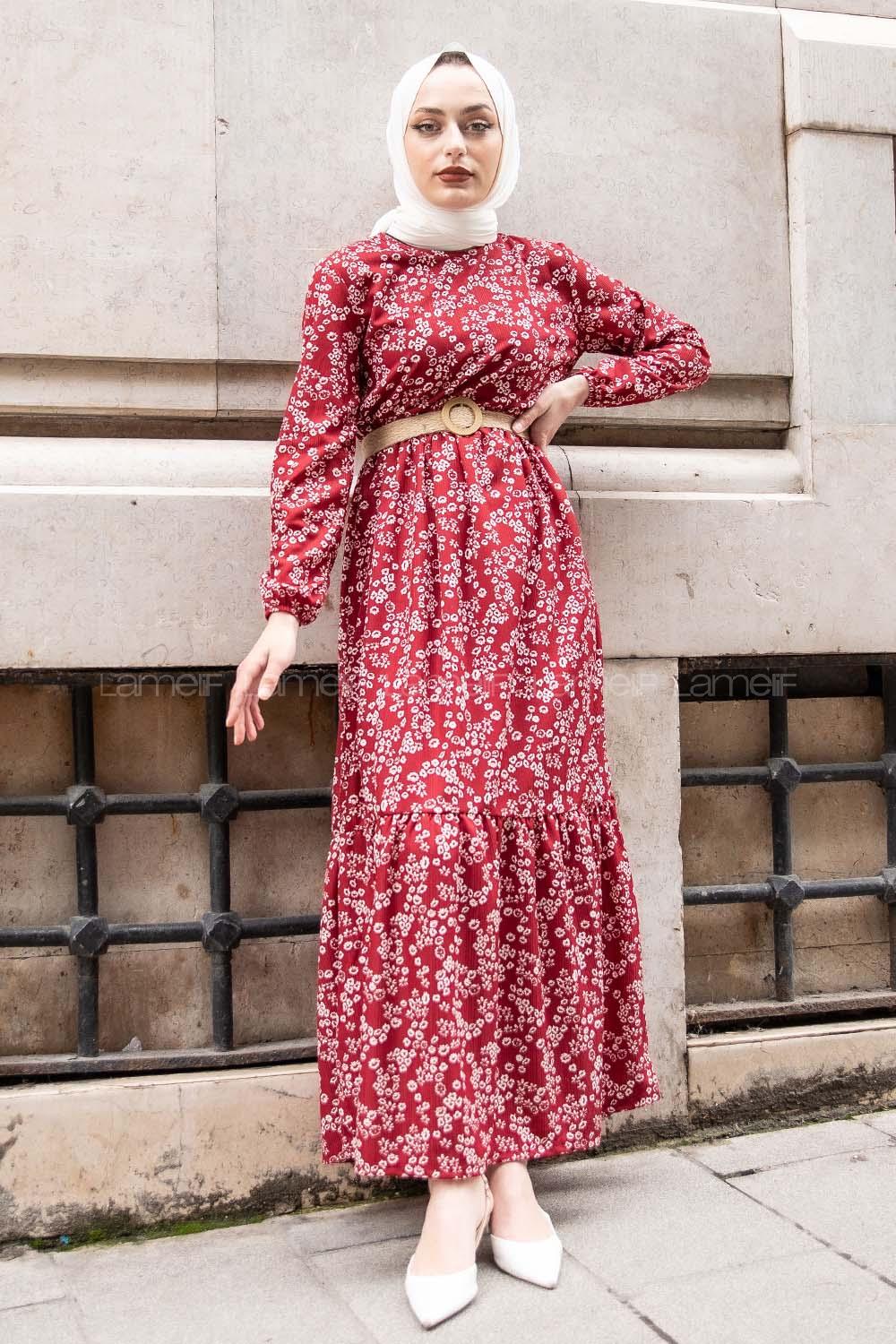 Modalamelif Hasır Kemerli Minimal Papatya Elbise Bordo