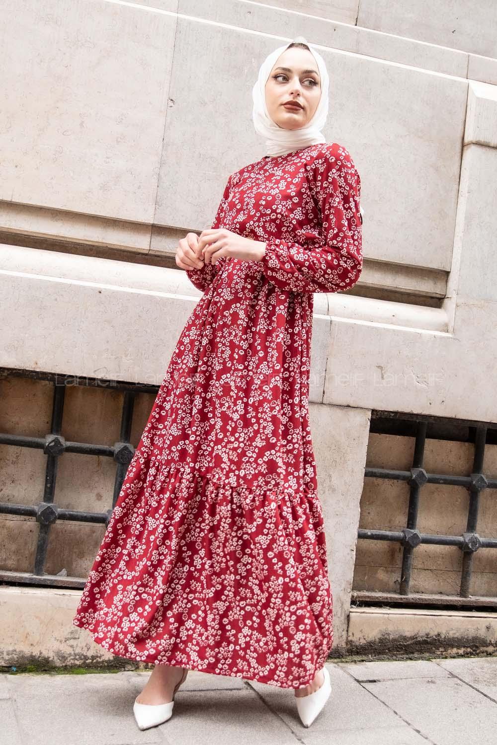 Modalamelif Hasır Kemerli Minimal Papatya Elbise Bordo