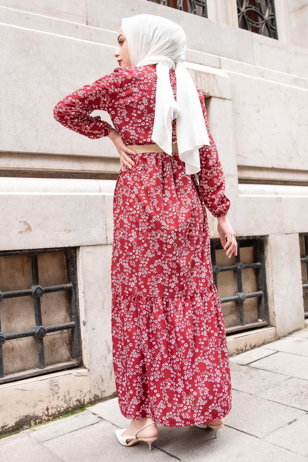 Modalamelif Hasır Kemerli Minimal Papatya Elbise Bordo