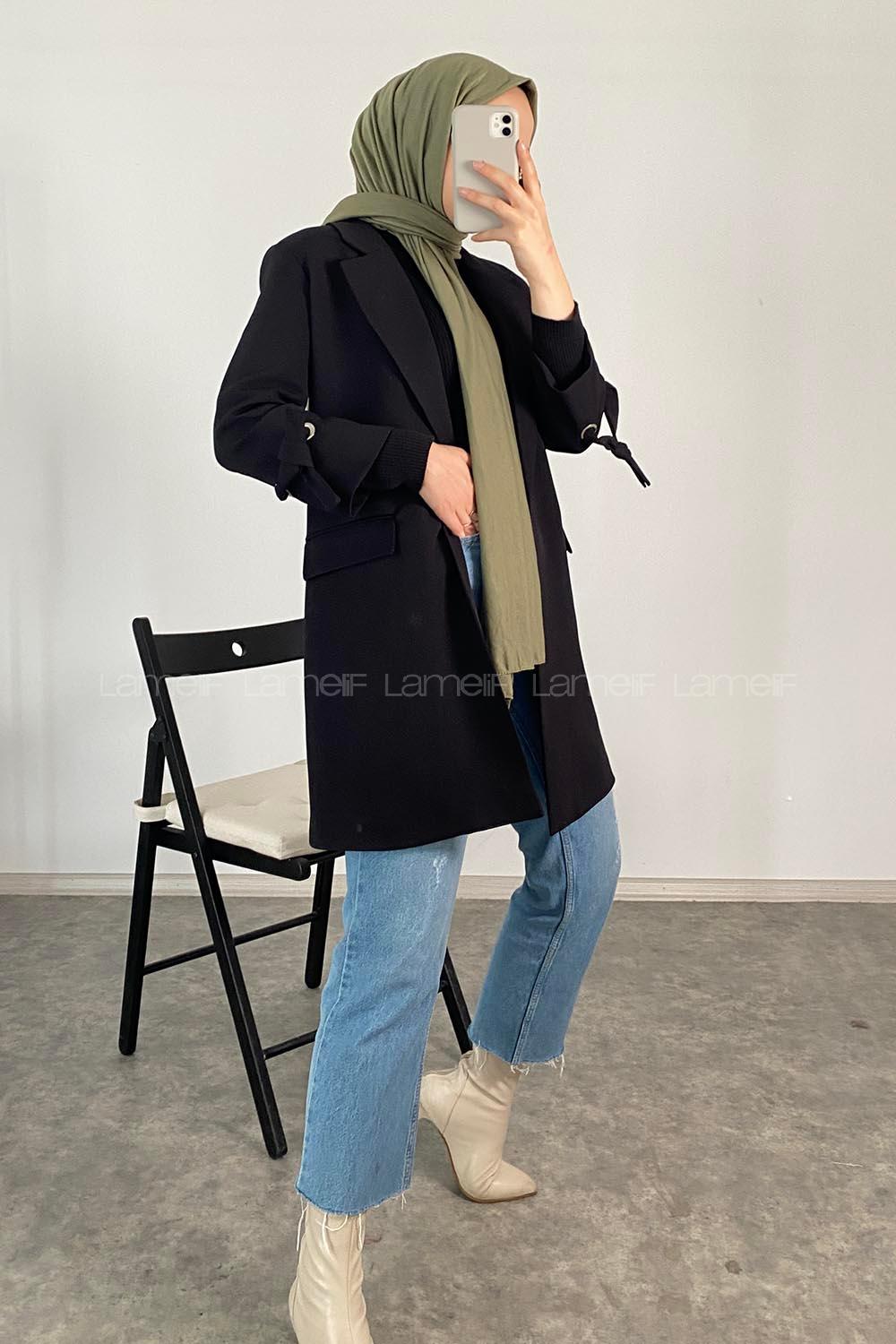 Modalamelif Kol  Bağlamalı Uzun Ceket Siyah