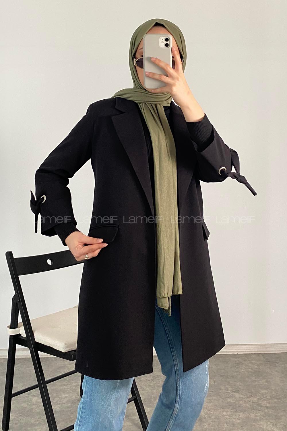 Modalamelif Kol  Bağlamalı Uzun Ceket Siyah