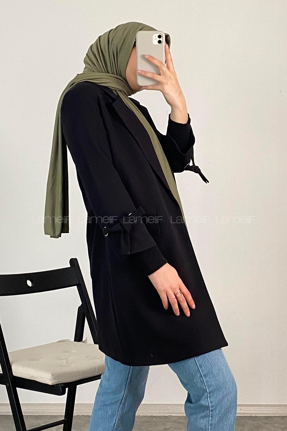 Modalamelif Kol  Bağlamalı Uzun Ceket Siyah