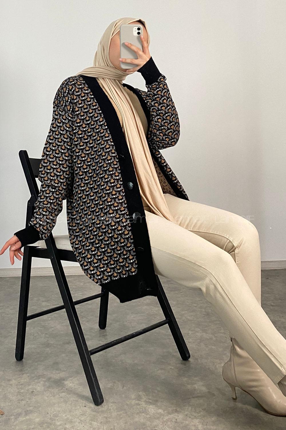 Modalamelif Kol Garnili Desenli Hırka Siyah Kahve