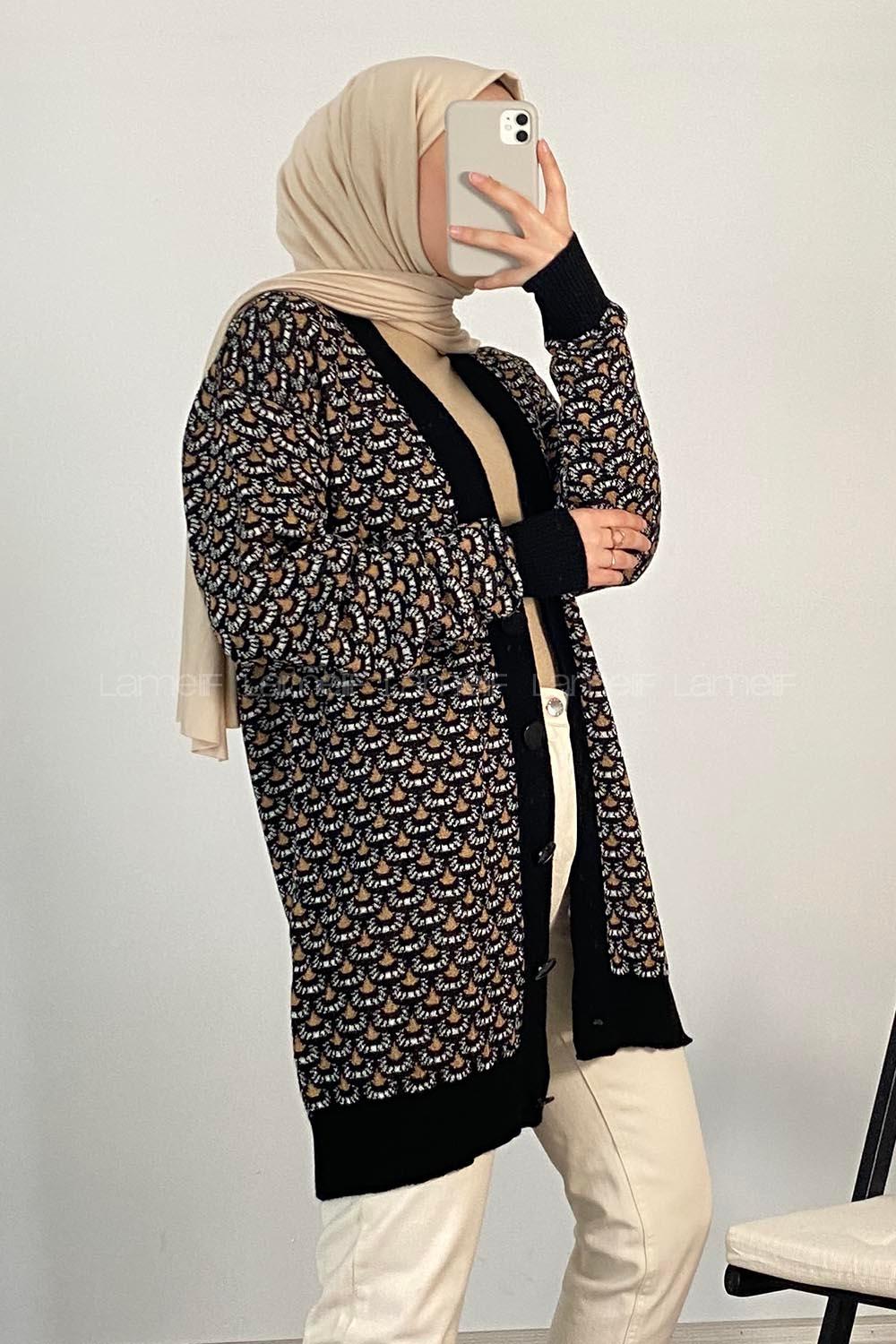 Modalamelif Kol Garnili Desenli Hırka Siyah Kahve