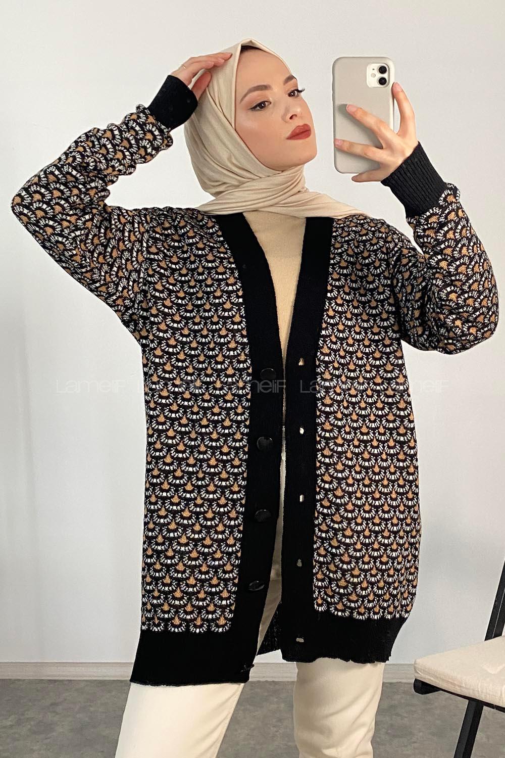 Modalamelif Kol Garnili Desenli Hırka Siyah Kahve