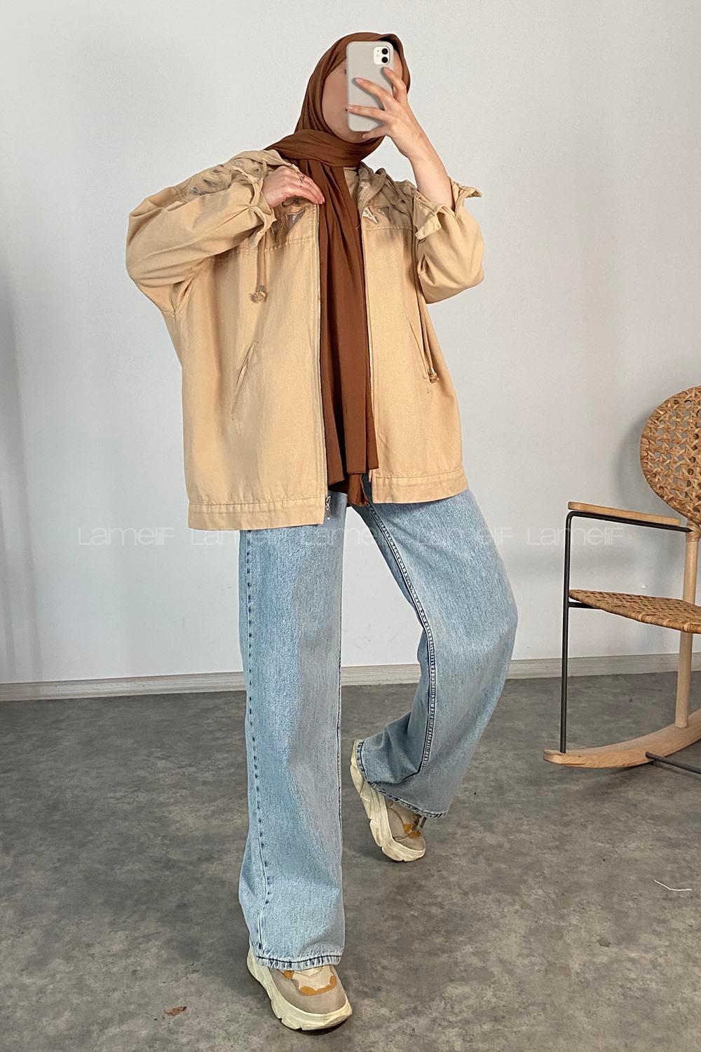 Modalamelif Nakış Detaylı Kapşonlu Gabardin Ceket Bej