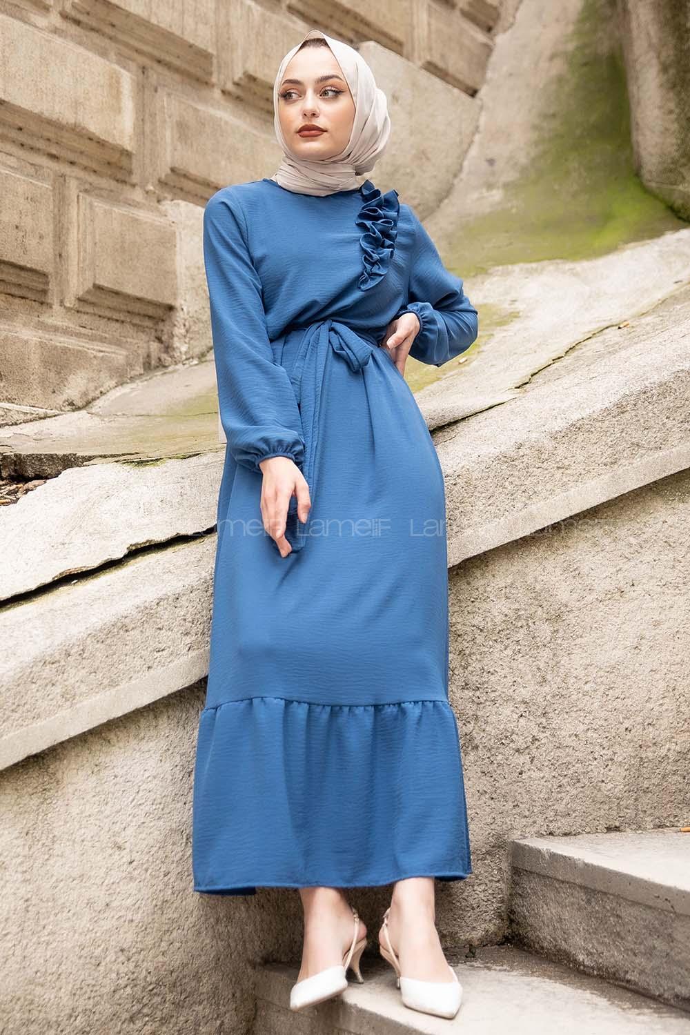Modalamelif Omuz Fırfırlı Kuşaklı Elbise İndigo