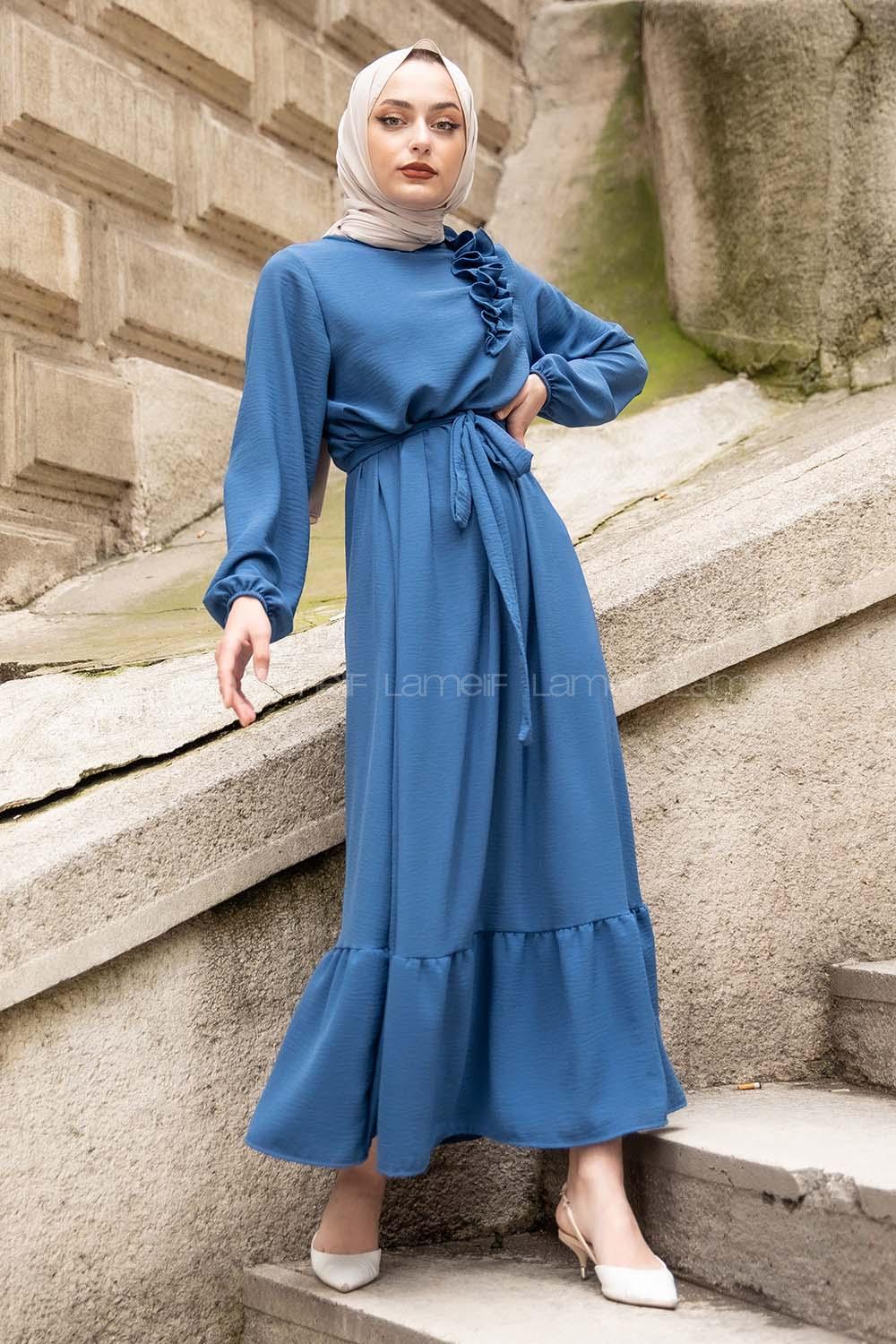 Modalamelif Omuz Fırfırlı Kuşaklı Elbise İndigo