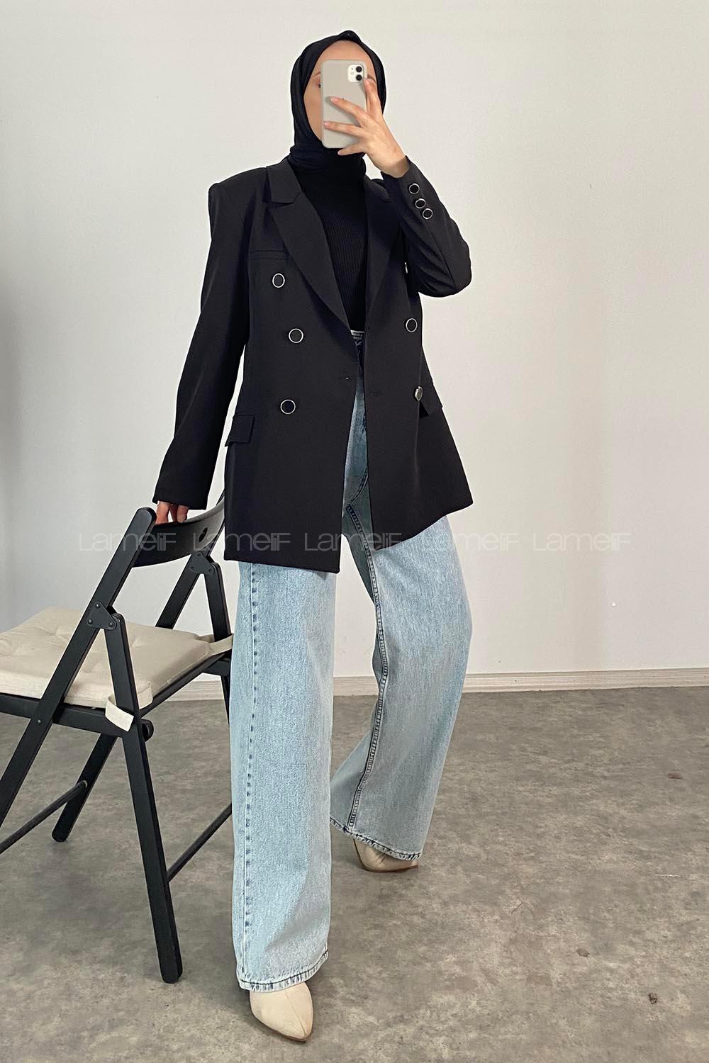 Modalamelif Önü Düğme Detaylı Ceket Siyah