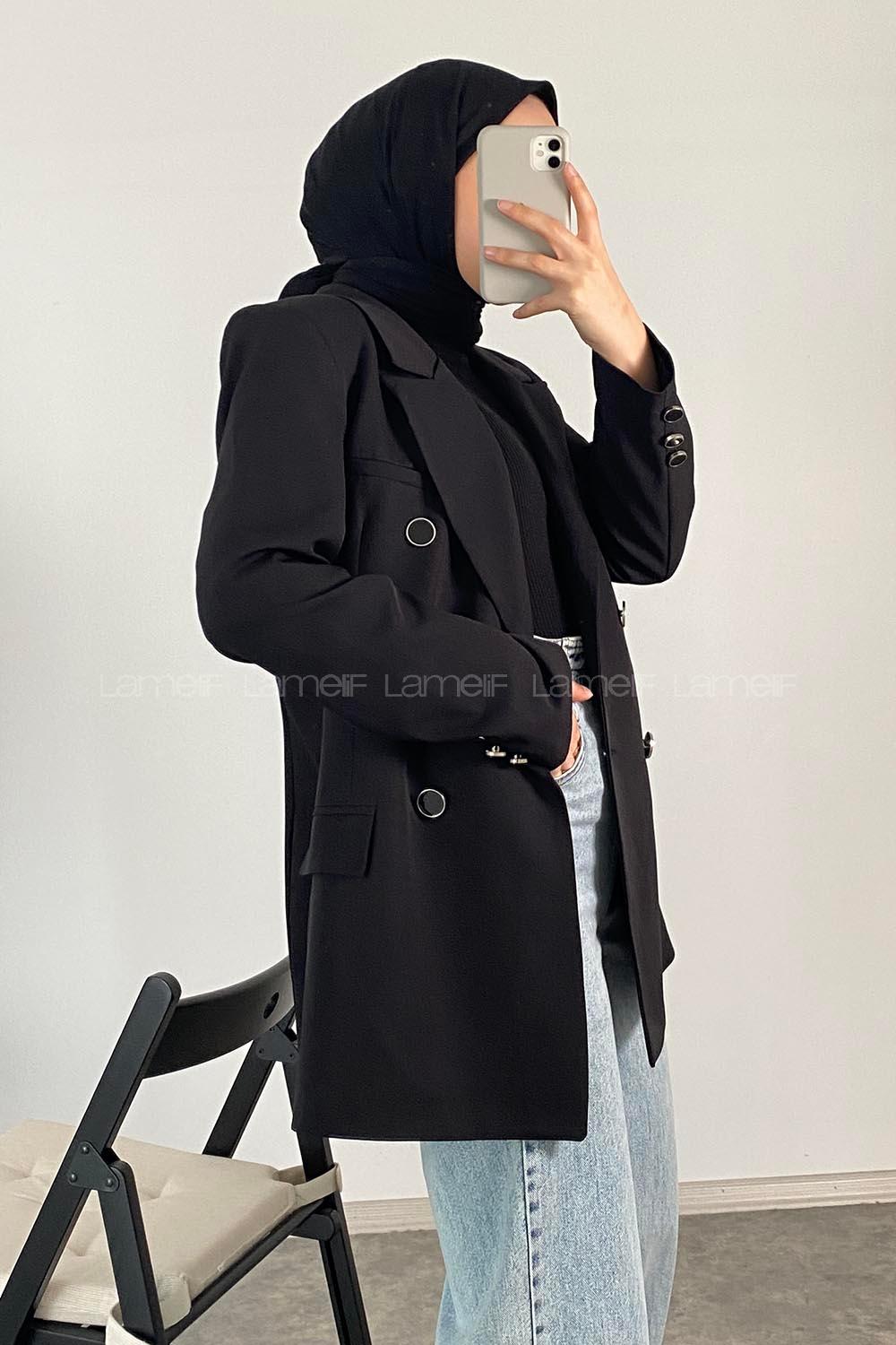 Modalamelif Önü Düğme Detaylı Ceket Siyah