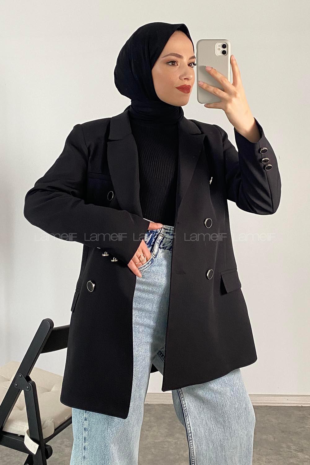 Modalamelif Önü Düğme Detaylı Ceket Siyah