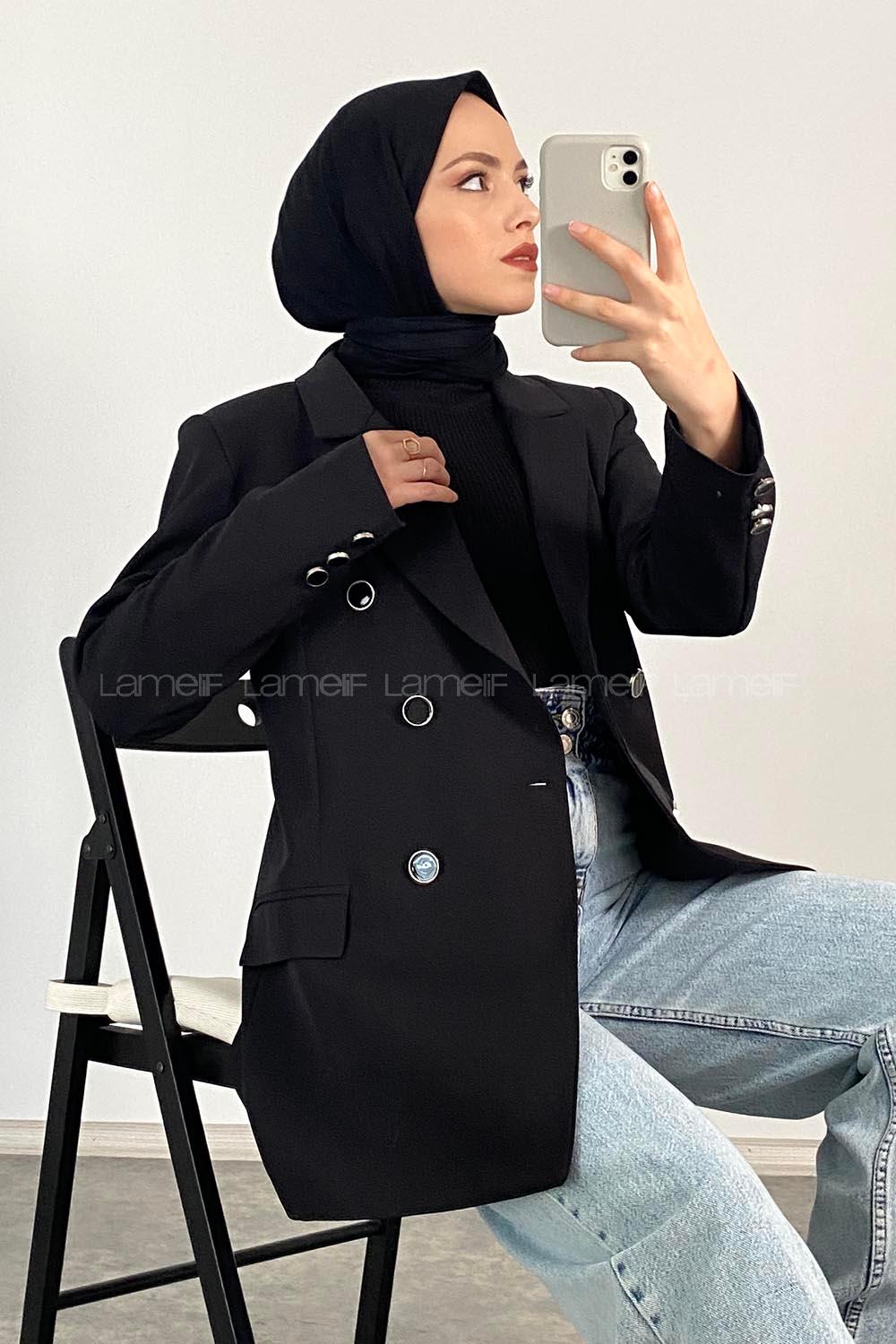 Modalamelif Önü Düğme Detaylı Ceket Siyah