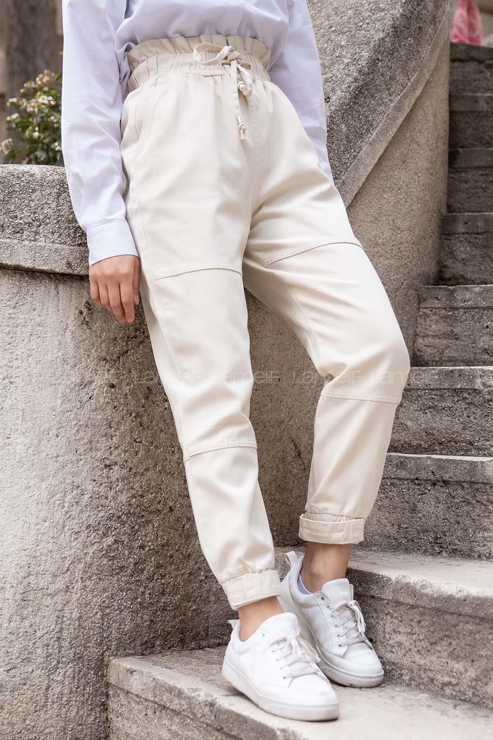 Modalamelif Paçası Cırt Bantlı Gabardin Pantolon Taş Rengi