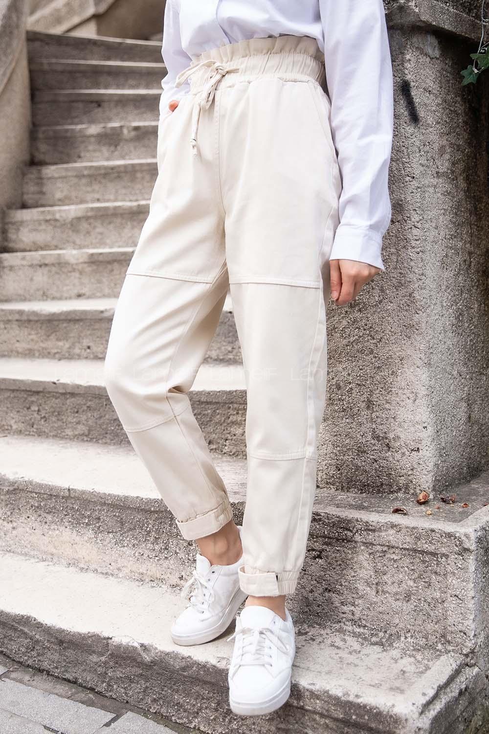 Modalamelif Paçası Cırt Bantlı Gabardin Pantolon Taş Rengi