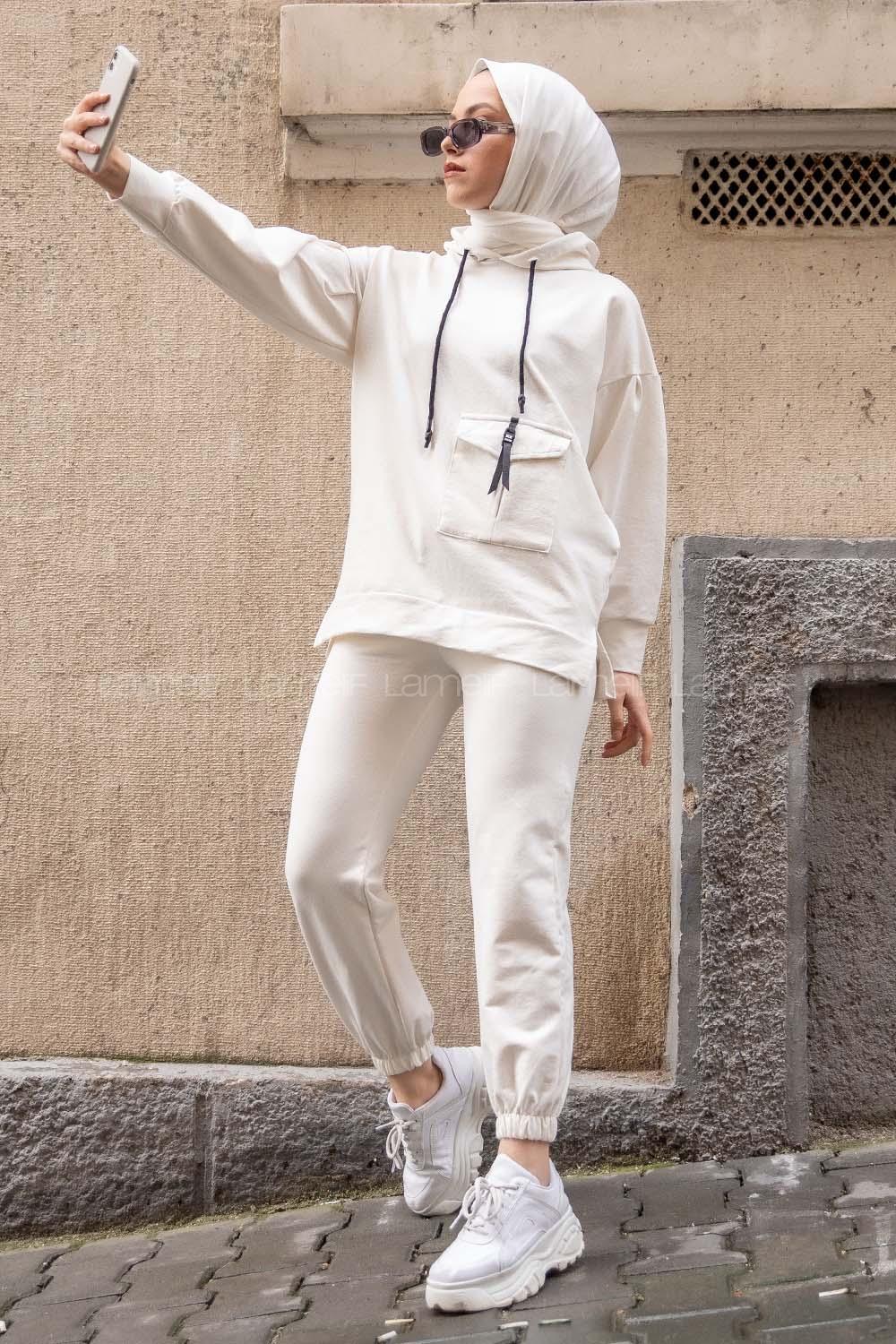 Modalamelif Tek Cepli Kapşonlu İkili Takım Ekru