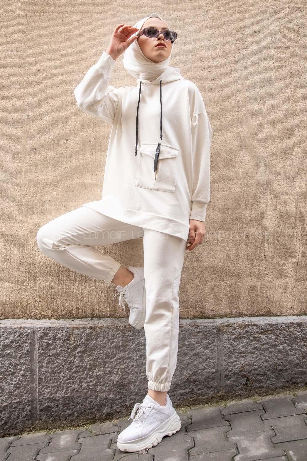 Modalamelif Tek Cepli Kapşonlu İkili Takım Ekru