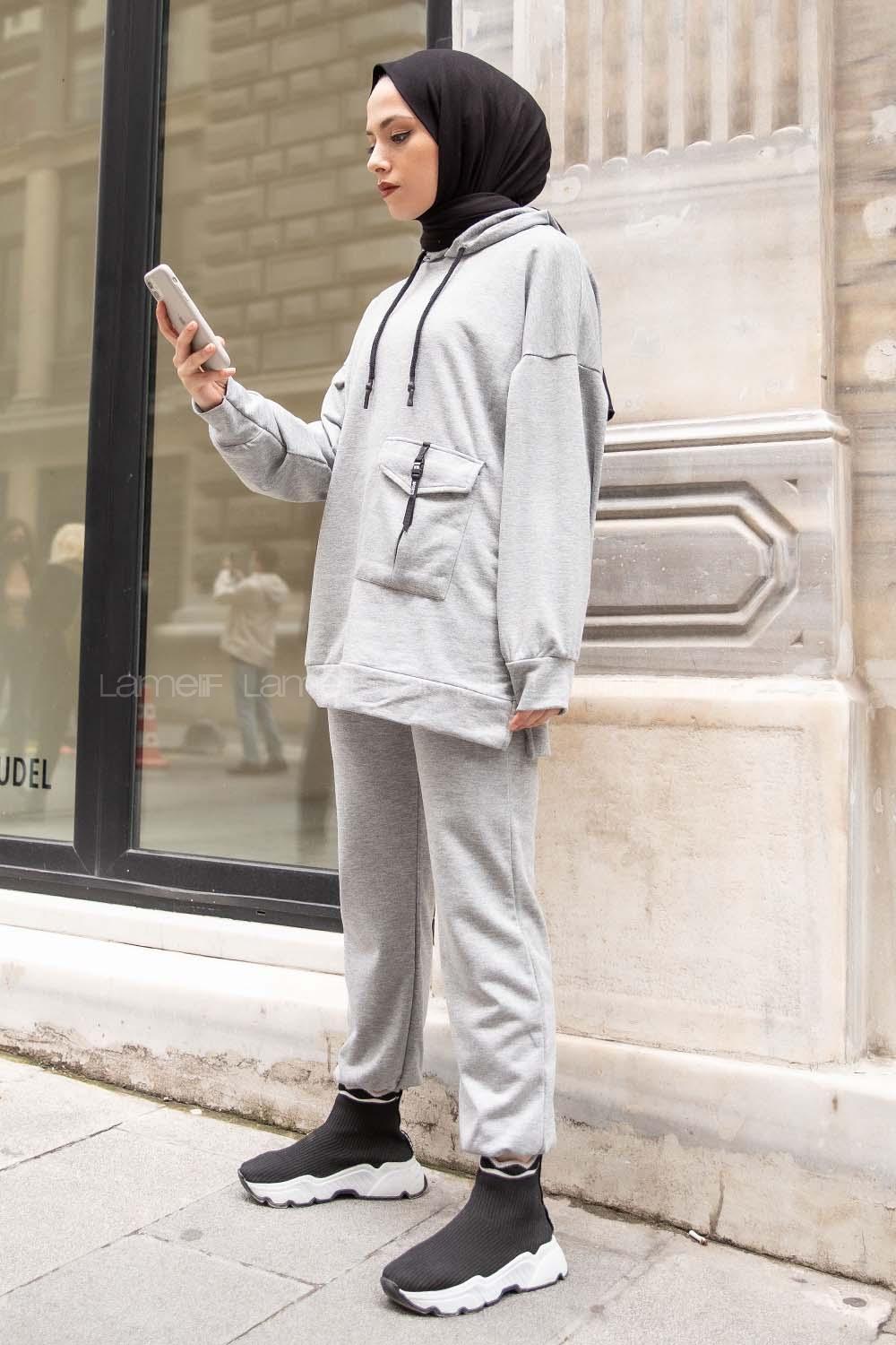 Modalamelif Tek Cepli Kapşonlu İkili Takım Gri